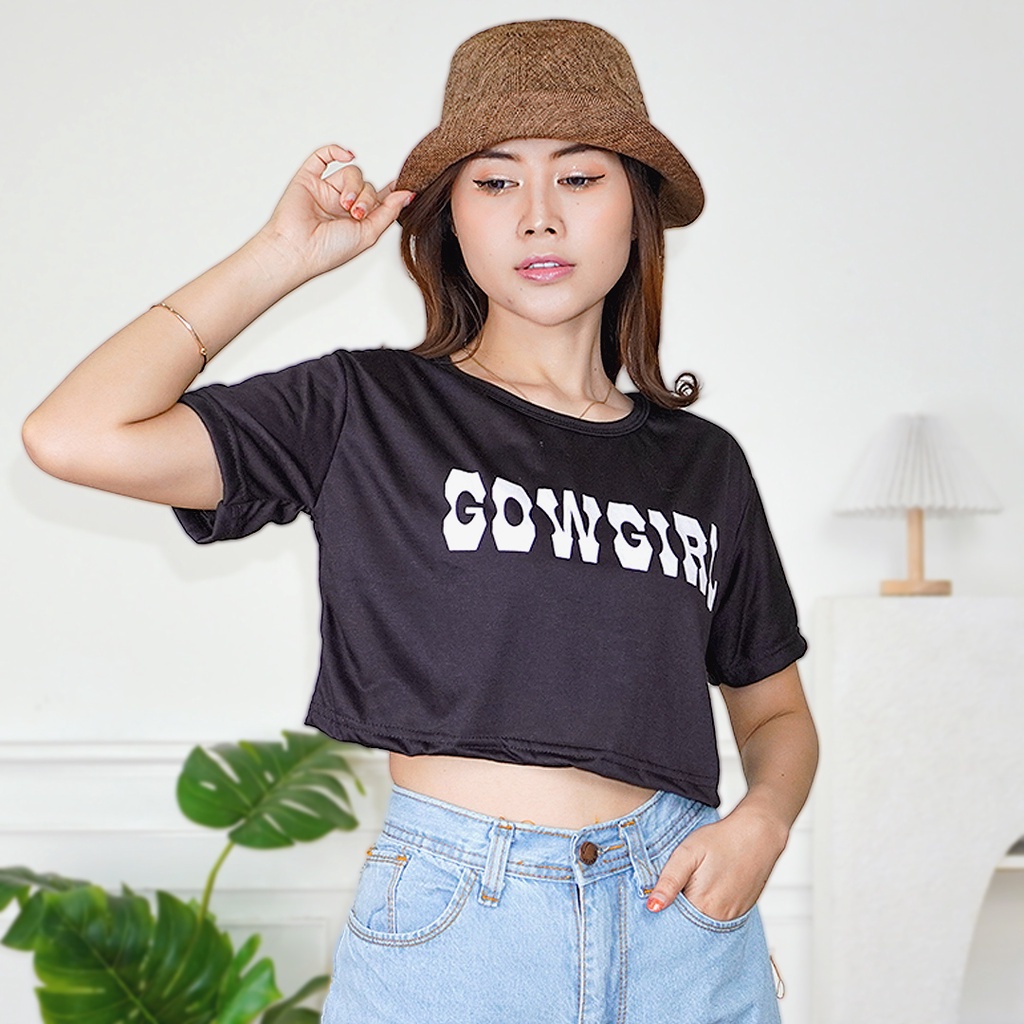 Tq88indonesia Fashion Baju Atasan Wanita Terbaru /  Crop Cow Girl / Kaos Oblong  Lengan Pendek / Busana Casual Cewek