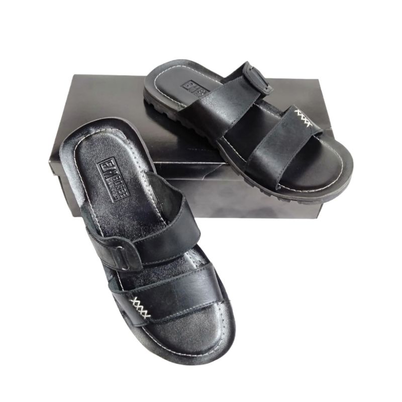 Sandal Slop Cowok Kulit asli Sendal Slide Pria Sol Karet Tidak Licin