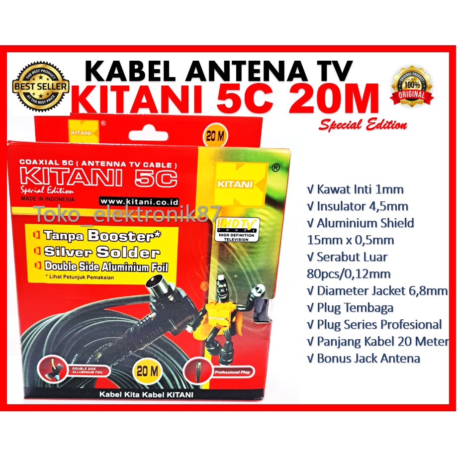 Kabel Antena Tv 5C Kitani 20 Meter Coaxial Cable 20M RG6