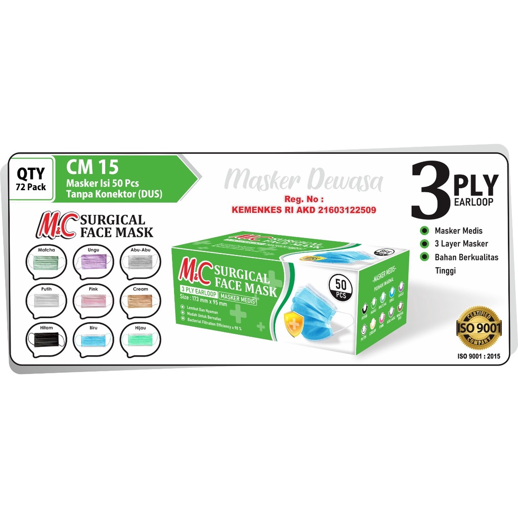 MASKER MEDIS M&C @50 PCS TANPA KONEKTOR / MASKER MEDIS JSP TALI SENADA TANPA KONEKTOR/JSP MASK