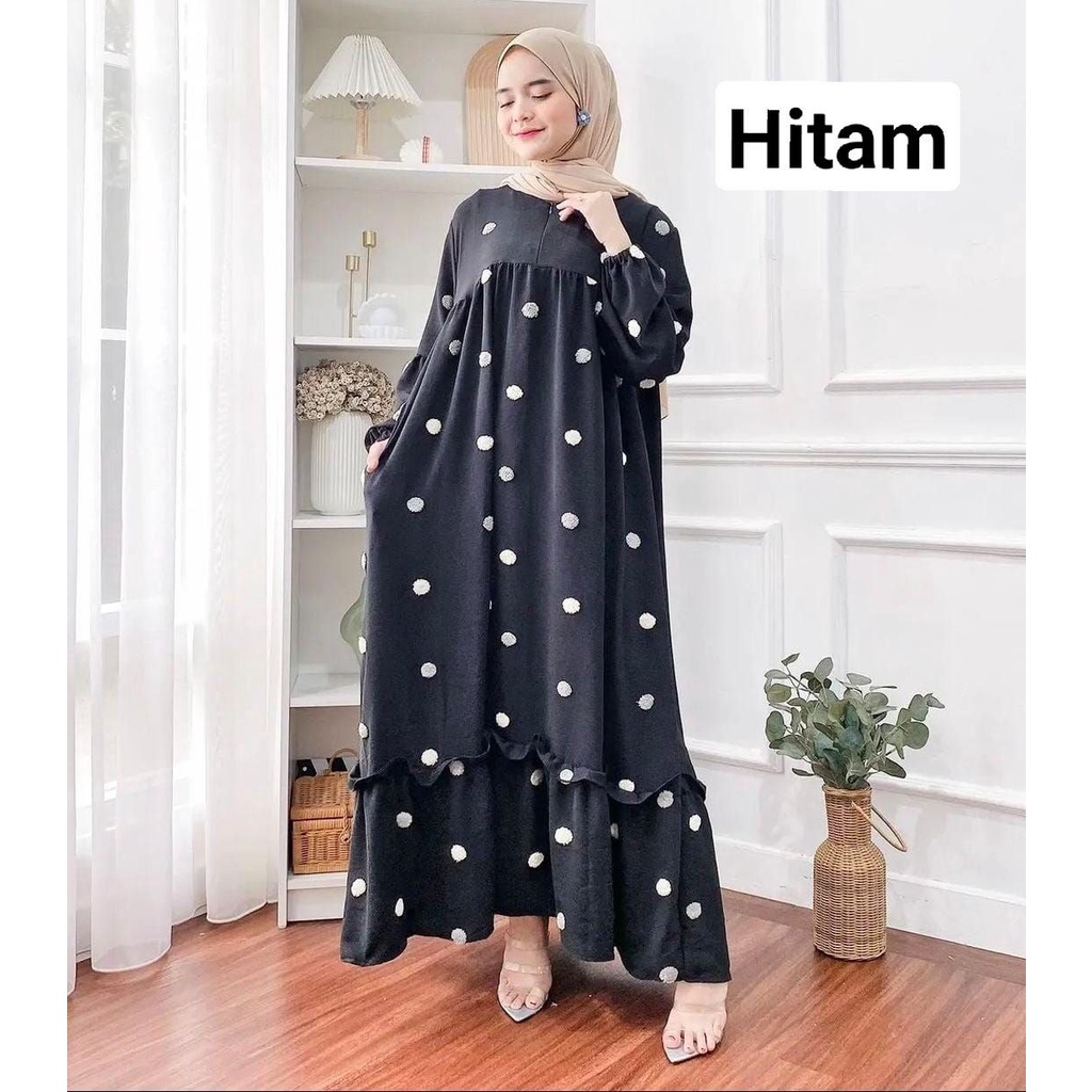 Pom Pom Bordir Gamis Wanita Crinkle Airflow Premium Dress Wanita Lengan Balon Karet Baju Wanita Muslim Kekinian LD 115 cm