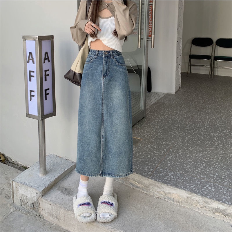 Korean High Waist Rok Jeans  A-Line Depan Split Jeans Kekinian