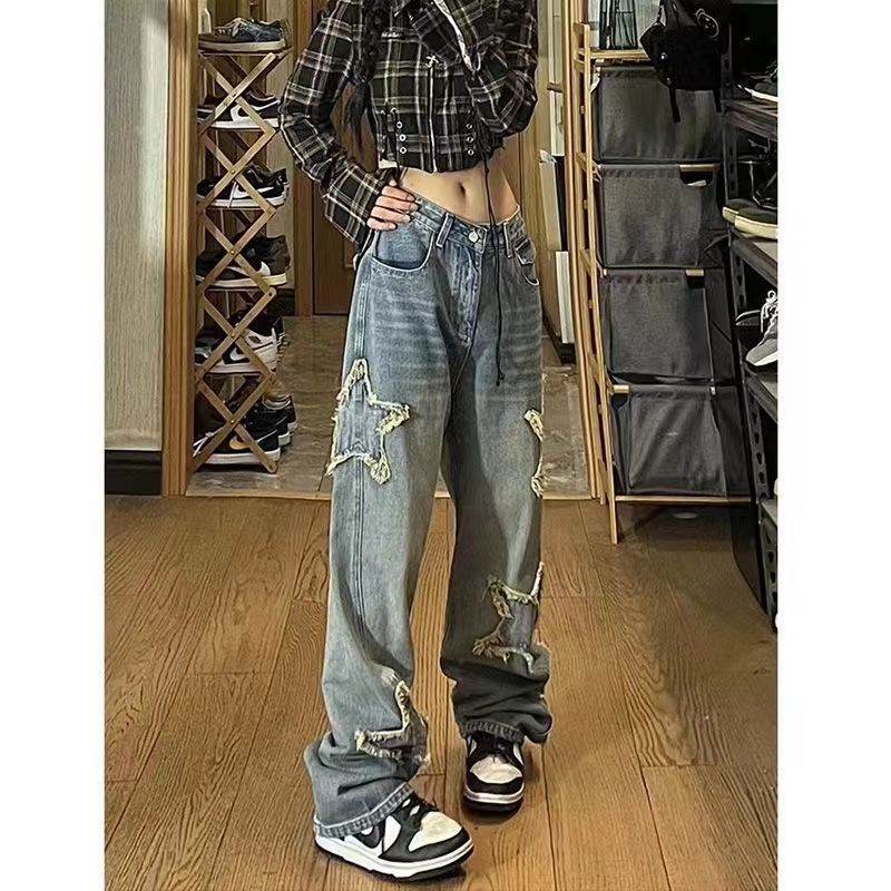 Suhao Eropa dan Amerika high street vibe celana wanita raw edge bordir bintang jeans y2k gaya milenial Amerika hiphop celana pasang