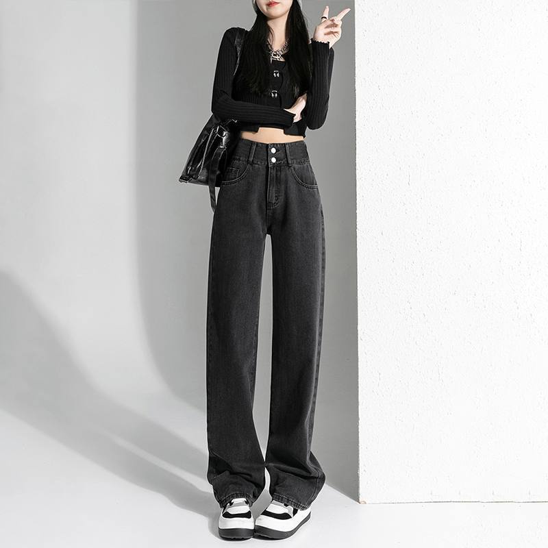 Suhao hitam dan abu-abu high-waisted wide-leg jeans wanita 2022 baru kaki lurus longgar tirai pelangsing semua pertandingan celana mengepel lantai