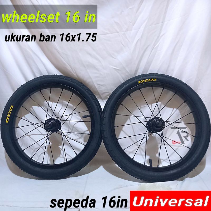 Roda sepeda 16 in FULL HITAM seT sudah di pasang ban 16 x 1.75 KENDA velg sepeda 16 double drat 16in