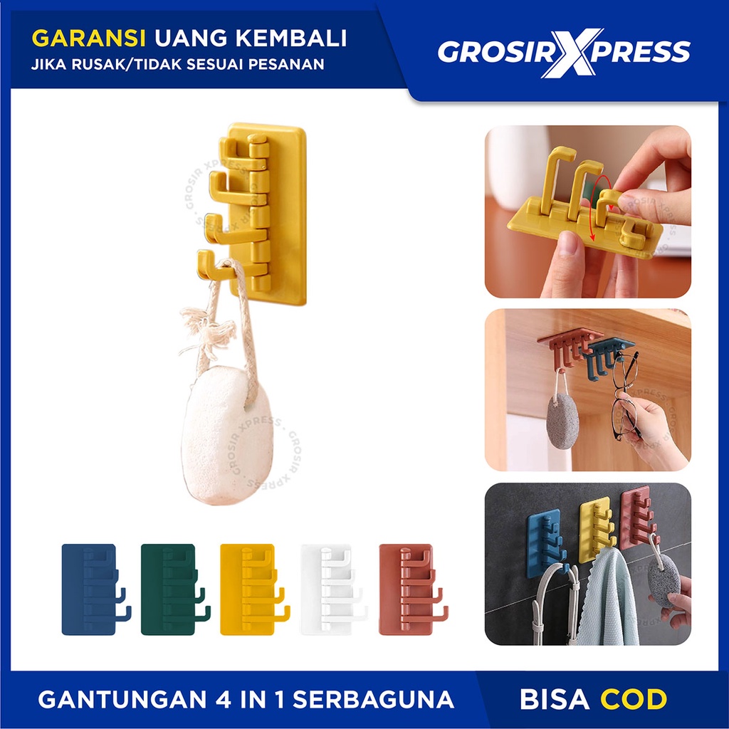 Gantungan Hook 4 Kait Putar Tempel Dinding Stand Hanger 4 IN 1 Serbaguna Cantolan Tempat Gantung Handuk Pakaian Tas Kunci Spatula Lain nya Rak gantungan Tempel Tembok Kamar Dapur Toilet Rapi Anti Slip | GROSIRXPRESS