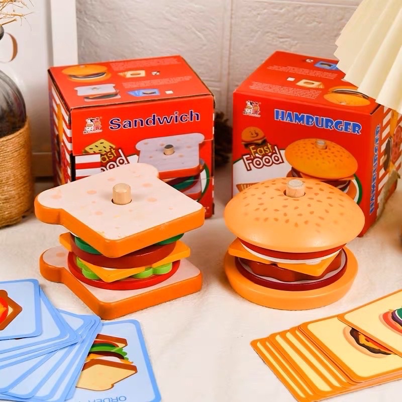 stackable wooden burger sandwich pretend plays mainan susun burger