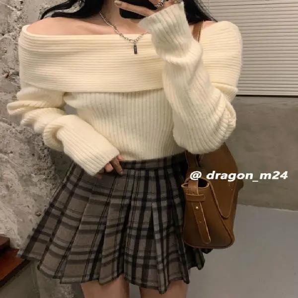 Suhao seksi off-the-shoulder satu-leher sweater wanita longgar gaya malas musim gugur dan musim dingin kualitas tinggi one-shoulder sweater pakaian rajut