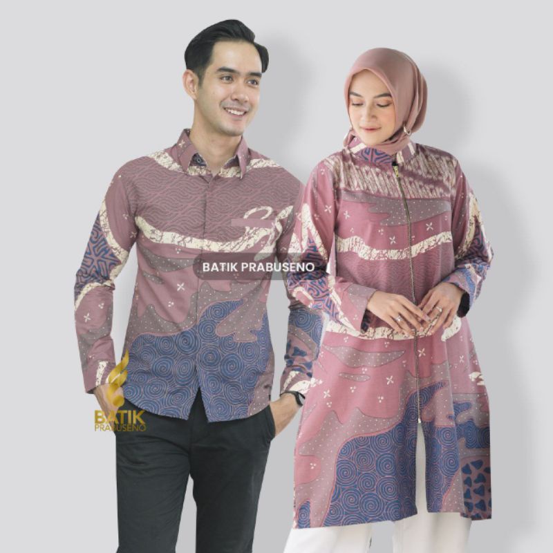 Batik Prabuseno Set Couple GANDARI UNGU Tunik Slimfit Hem Kemeja Dewasa Ori Printing Katun Modern El