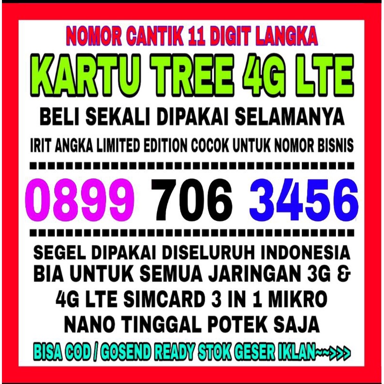 Nomor Cantik Bonus kuota 3GB nasional nomor 11 Digit Tree 4G LTE Langka termurah