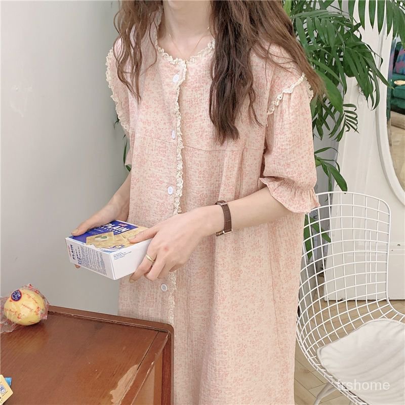 baju setelan Angin manis gaun tidur bunga bunga musim panas piyama musim panas panjang selutut Korea bisa dipakai
