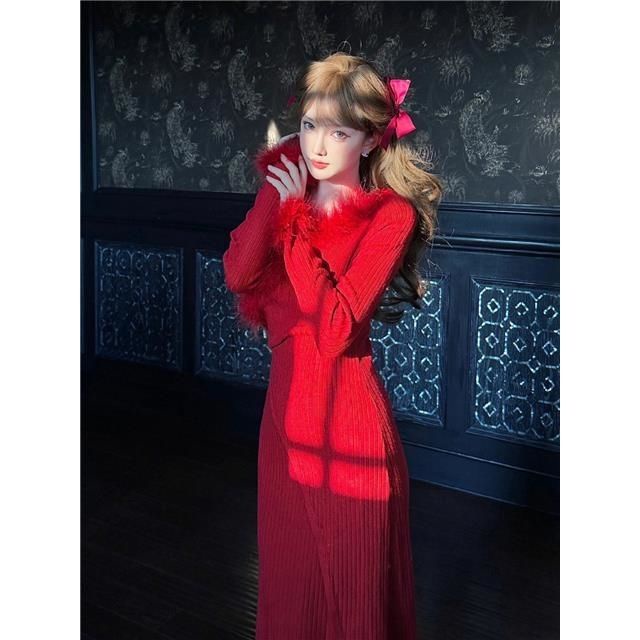 Gaun fashion merah Natal musim gugur dan musim dingin wanita high-end chic temperamen dewi penggemar V-neck rok panjang ramping