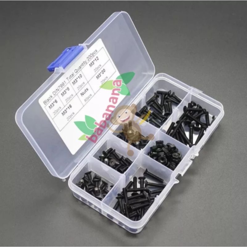 200pcs M3 head head hexagonal socket screw nut kit carbon steel baut