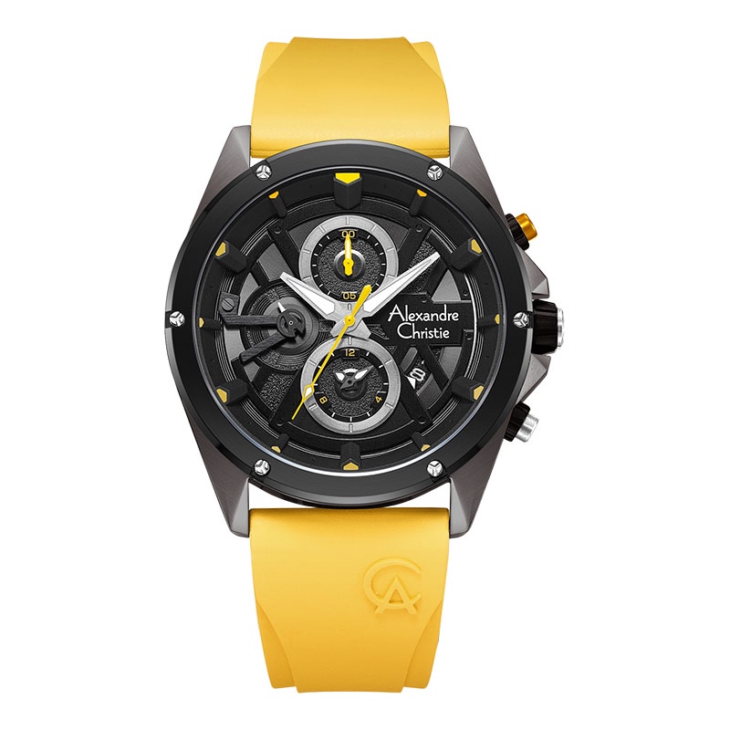 Jam Tangan Pria Alexandre Christie Chronograph AC 6620 MC REPBAYL Men Black Dial Yellow Rubber Strap