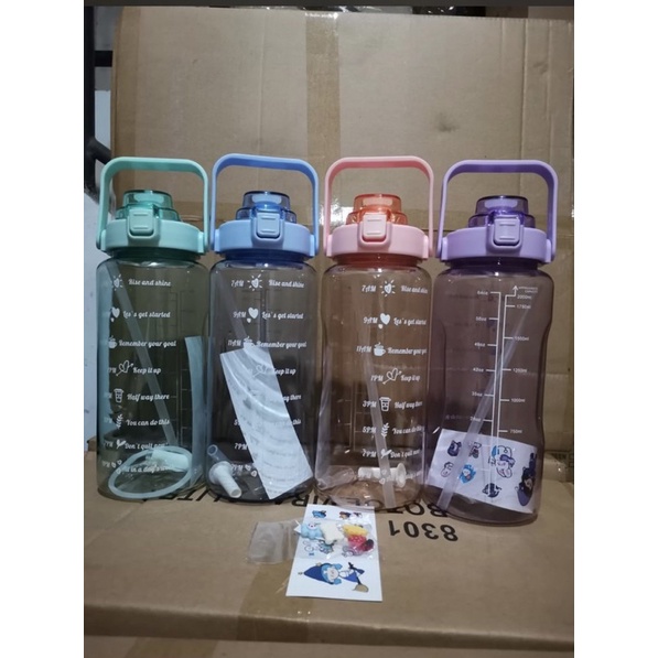 Botol Minum Viral Jumbo 2 Liter Motivasi Sticker 2D 3D Penanda Waktu Tritan Quifit Handle Bening