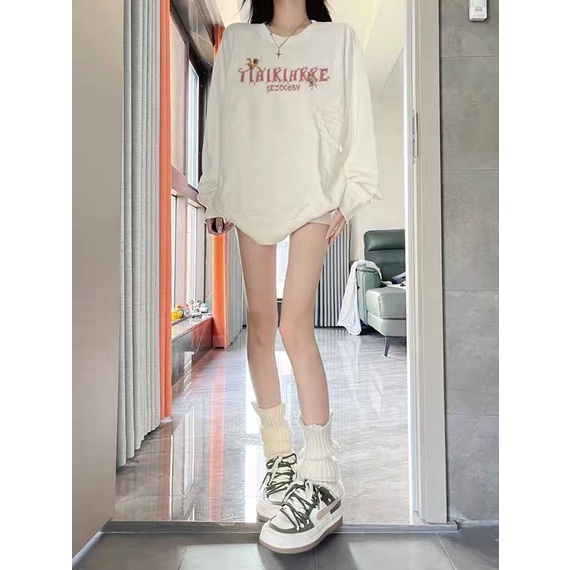 American Vintage Sweater Wanita Pratting Loose Casual Import Top Kekinian Oversize Puith Sweater