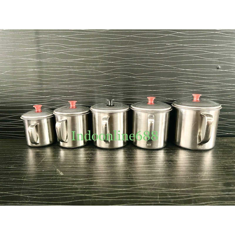 MUG STAINLESS STEEL DENGAN TUTUP - GELAS CANGKIR KOPI TEH 10CM DAN 12CM