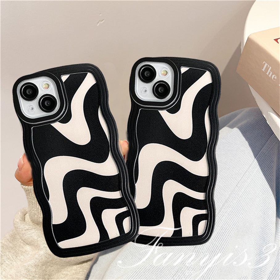 Compatible For iPhone 14 13 12 11 Pro Max X XR Xs Max 8 7 6 6s Plus SE 2020 Soft Case TPU Motif Garis Gelombang Hitam Putih Untuk