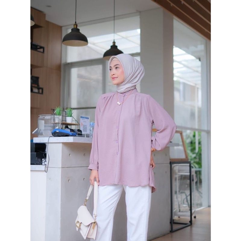 Alina Blouse Crincel - Kemeja Wanita Polos Kerah Shanghai Crincel Airflow