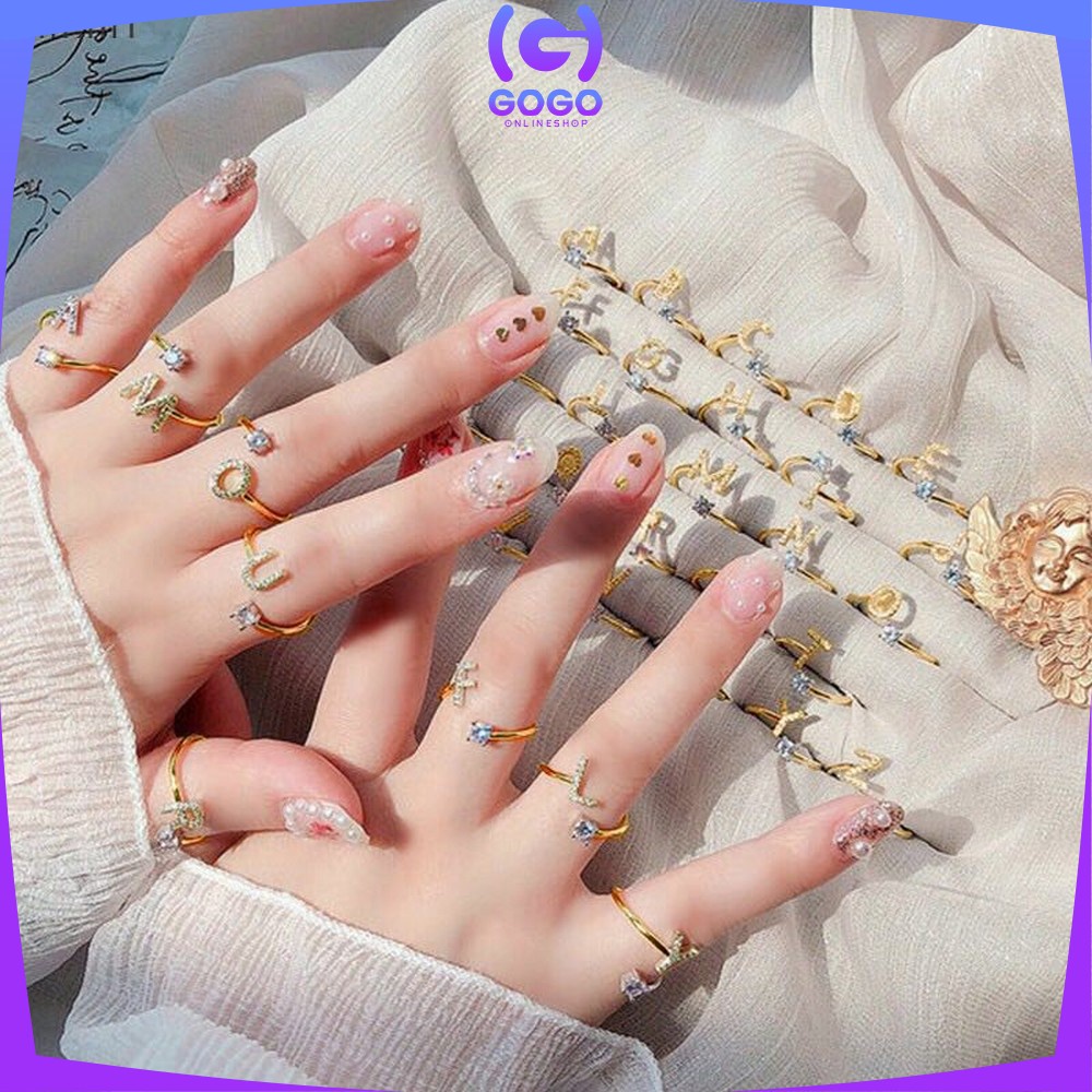 GOGO-K59 Cincin Huruf Gold Stainless Inisial Nama Cincin Alphabet / Cincin Abjad Huruf A-Z Wanita Fashion / Cincin Wanita Huruf Set Perhiasan Wanita