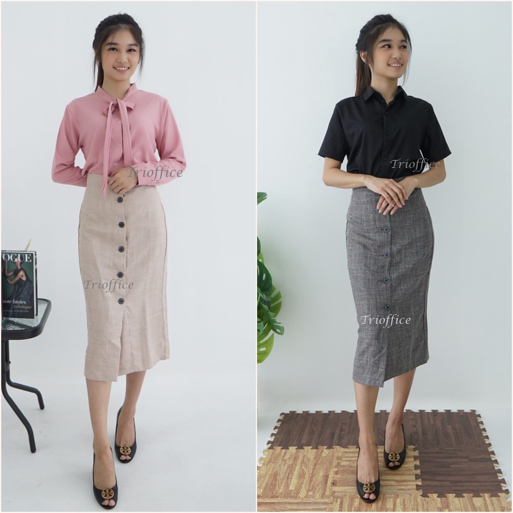 Rok Span Model Kancing Belahan Depan Linen Midi 7/8