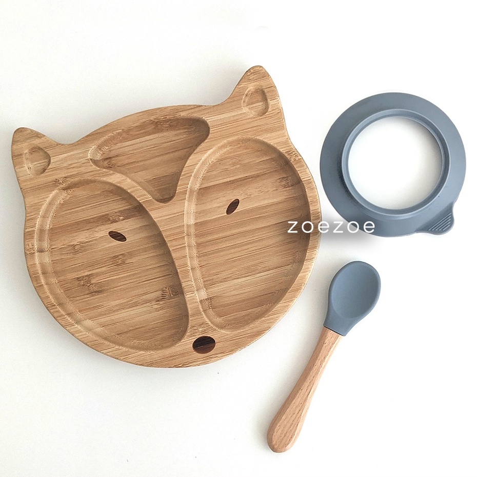 ZOEZOE Bamboo Suction Plate Spoon Set Piring Sendok Makan Anak Bayi Bambu Silikon bukan Eco Rascals