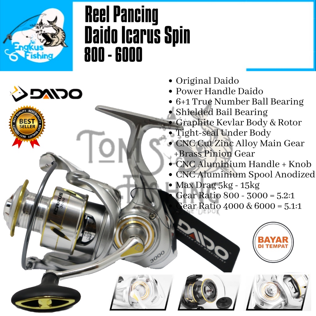 Reel Pancing Daido Icarus Spin 800 - 6000 (6+1 Bearing) Power Handle Full Seal Bearing -  Engkus Fishing