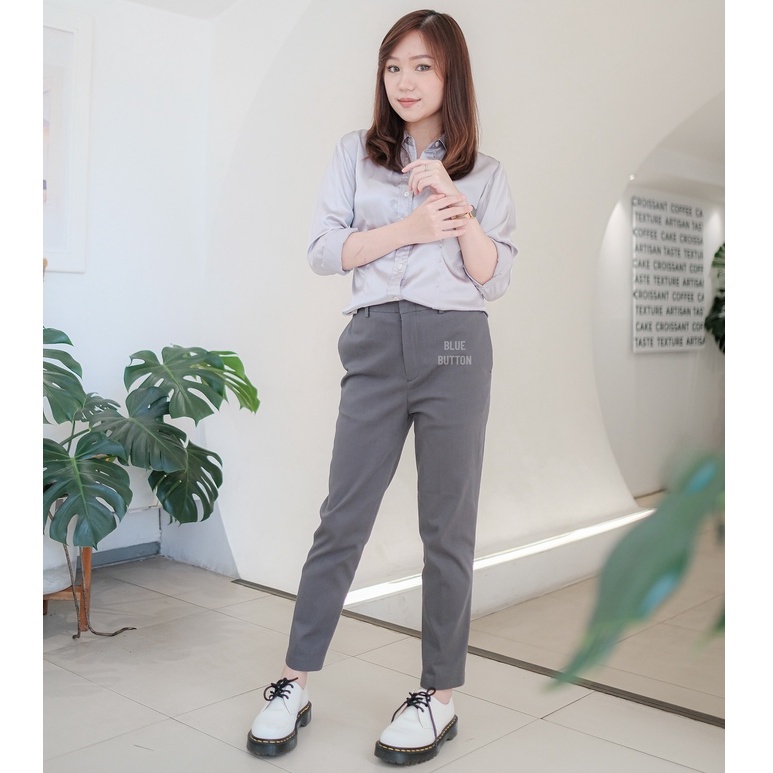 BlueButton Celana Putih Panjang Wanita Smart Chino Ankle Pants Kekinian Slim Basic Daily Wear