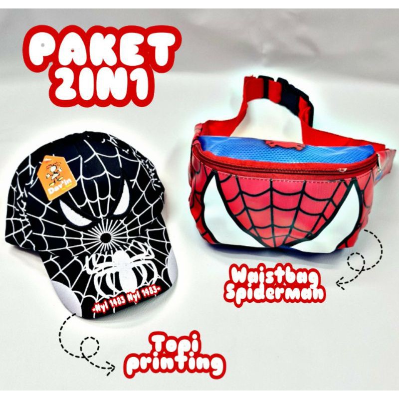 &quot;aurabagss&quot; - Beli 1 Dapat 2 Tas Anak Set 2 In 1 Waist Bag &amp; Topi Anak Laki-laki Motif SuperHero Bisa COD