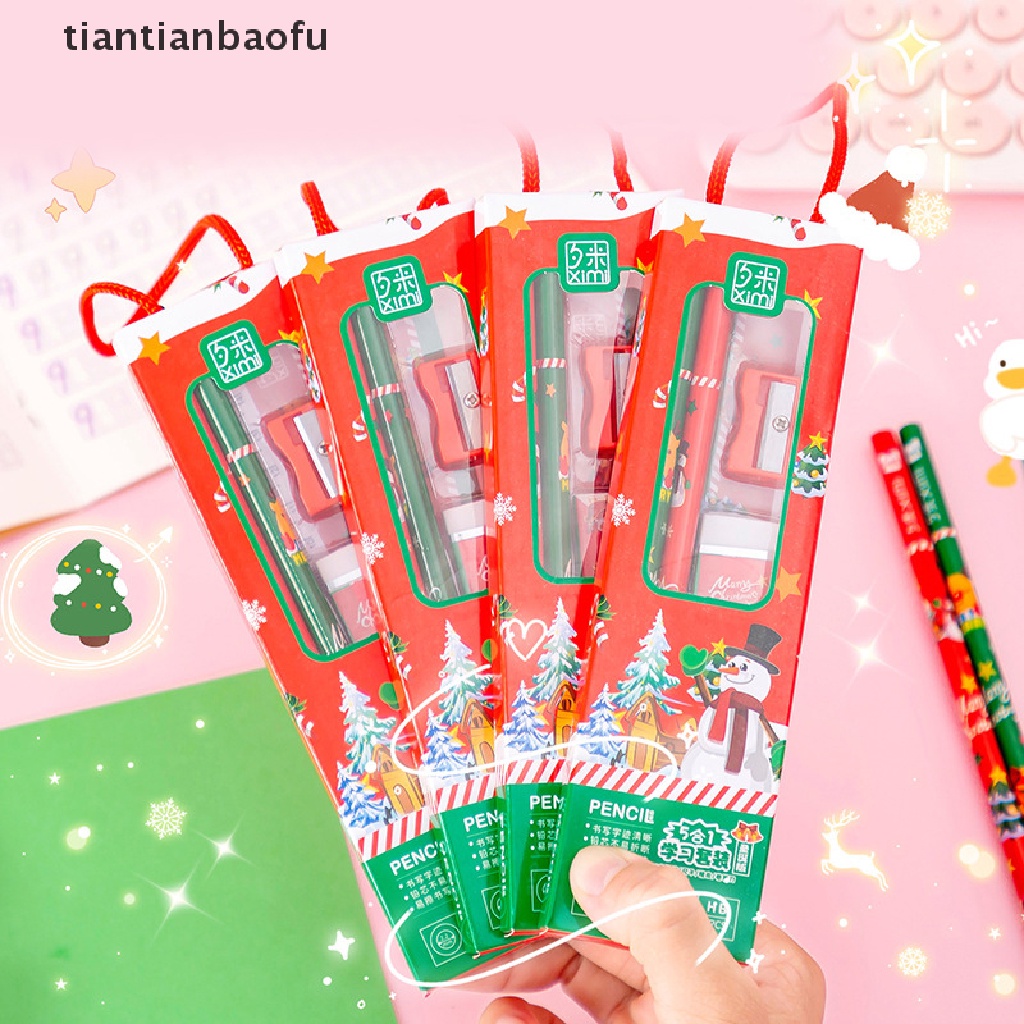 5 Pcs / Set Alat Tulis Pensil Penggaris Penghapus Rautan Portabel Tema Natal Dengan Kotak Untuk Hadiah