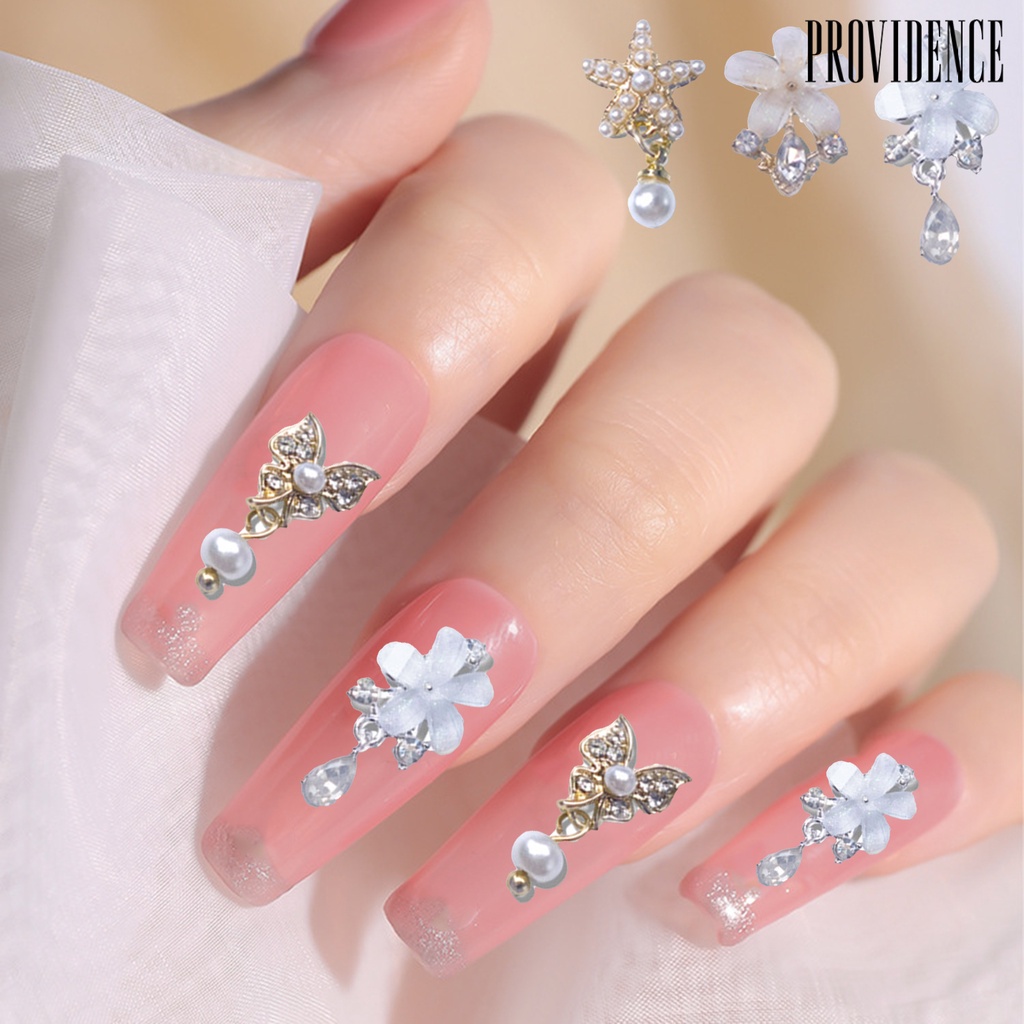 Providence 3Pcs / Set Hiasan Kuku 3D Motif Kupu-Kupu / Bunga / Bintang / Mutiara Imitasi Untuk Nail Art / Manicure Charms