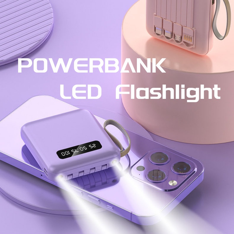 Mini Power Bank 20000mAh Powerbank Fast Charging with 4in1 Kabel Data Real Capacity 4 Output 3 Input Tipe C Micro Lightning USB LED Display Pocket Size
