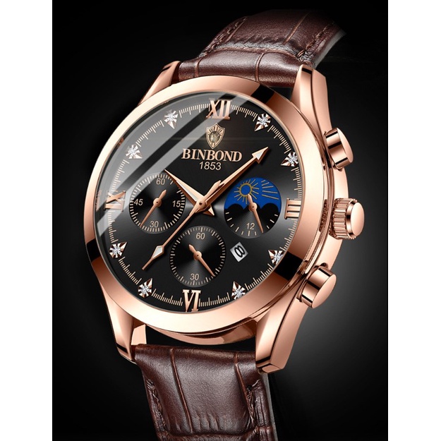 Jam Tangan Pria Kulit dan Stainless Impor Binbond B3591 Original Tahan Air Fashion Business Auto Date Analog