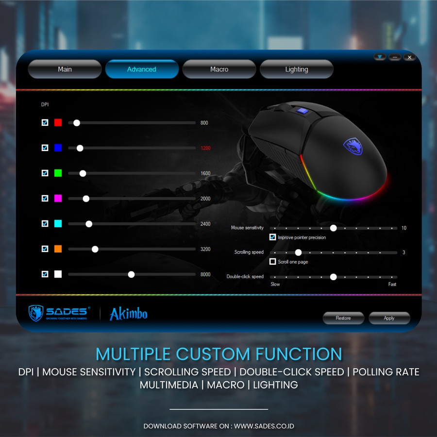 Sades Akimbo RGB Lightweight Dual Mode Wireless Gaming Mouse