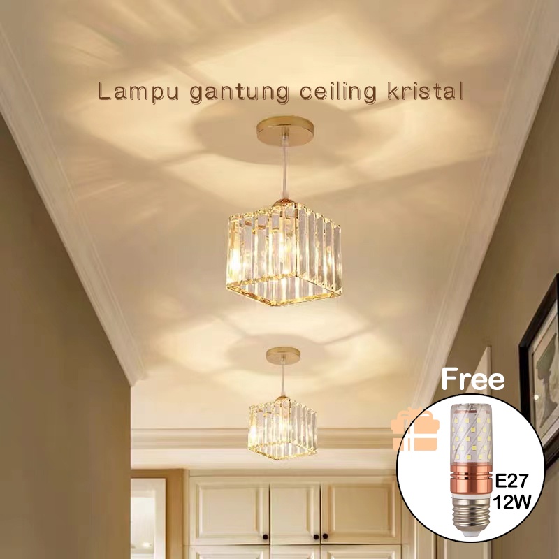 ☑️Garansi&amp;3Warna☑️Lampu gantung tunggal kaca 7288 Kristal Minimalis 2 Model (Kotak &amp; Bulat) Ceiling Lampu Termasuk bohlam E27