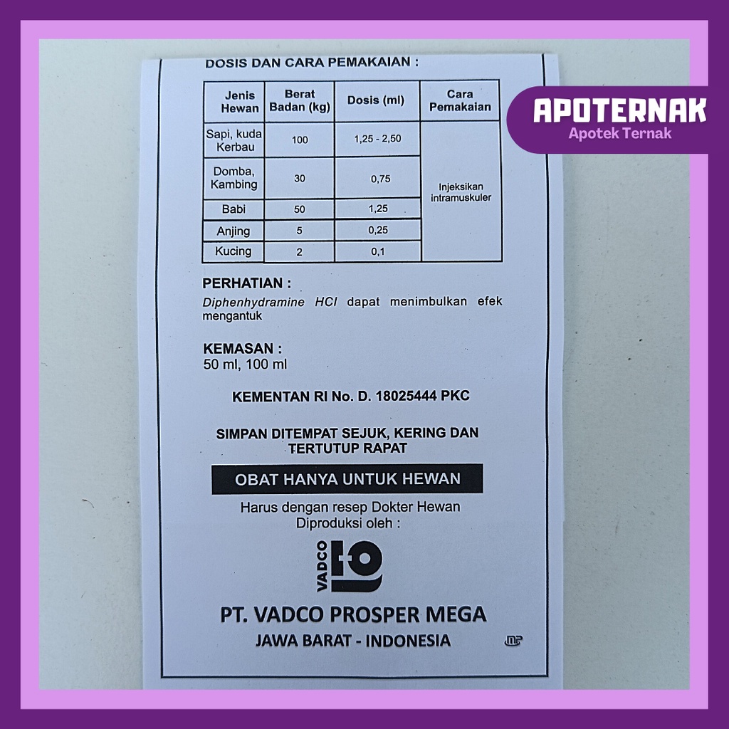 PRODRYL Injeksi 50 mL | Antihistamin Anti Alergi (Mirip Vetadryl Sanbe) | Untuk Sapi Kambing Kuda Anjing Kucing | VADCO | Apoternak