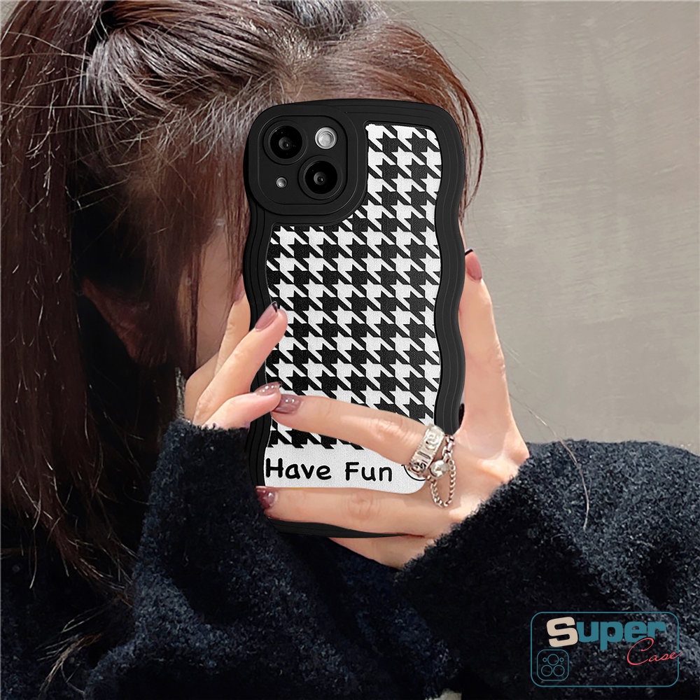 Ins Trend Casing Ponsel Motif Houndstooth Untuk Realme C55 C35 C15 C21Y C12 C11 C25s C25 C25Y 5 5s 6i 5i C3 C1 C20A C20 C11 2021 C20A Smiley Lucu Hitam Bergelombang Edge Case