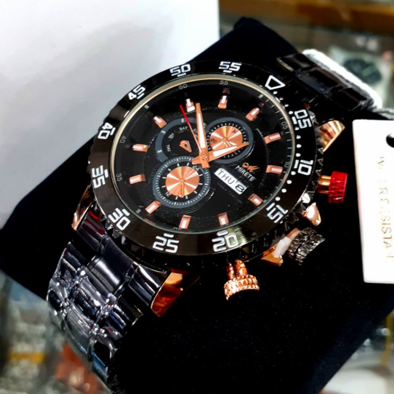 Jam Tangan Mirete Kasual Analog Pria Quart Strap Rantai Tahan  Air  Original / Tanggal Dan Hari Aktif / Jam Tangan Kasual Pria Mirete Original Water Resistant / WARNA HITAM /BIRU / SILVER HITAM / ROSGOLD / JAM TANGAN PRIA FITUR TGGL HARI / Mirete Original