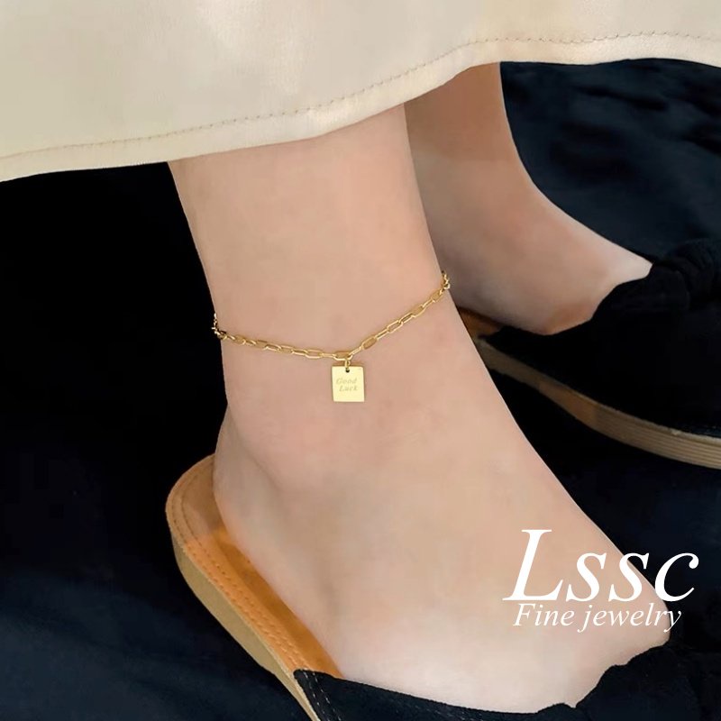 Gelang Kaki Titanium Anti Karat Huruf &quot;Good Luck&quot; Persegi Elegan Korea Emas 18K Perhiasan Wanita