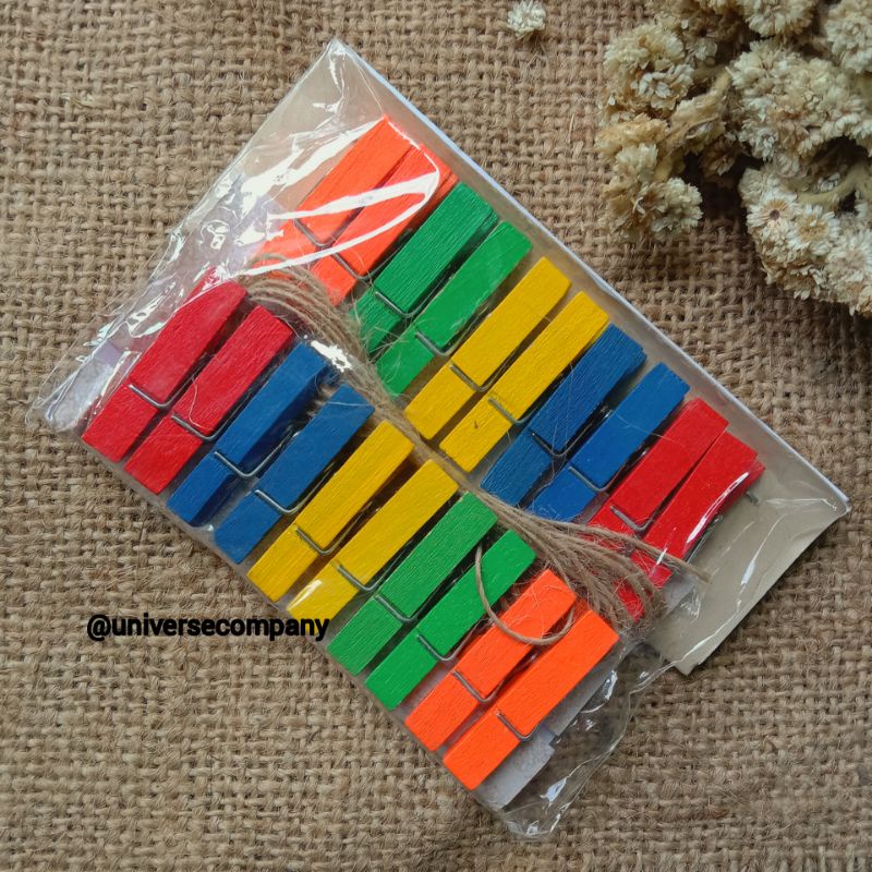 [UC] PENJEPIT POLAROID RAINBOW ISI 20 PCS + TALI RAMI 2 METER / WOODEN CLIPS