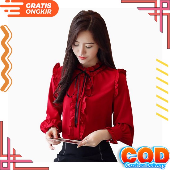 Baju Atasan Kemeja Wanita Terbaru Kekinian Lengan Pendek Balon Jumbo Dewasa Ld 110 Cm Kombinasi Vari