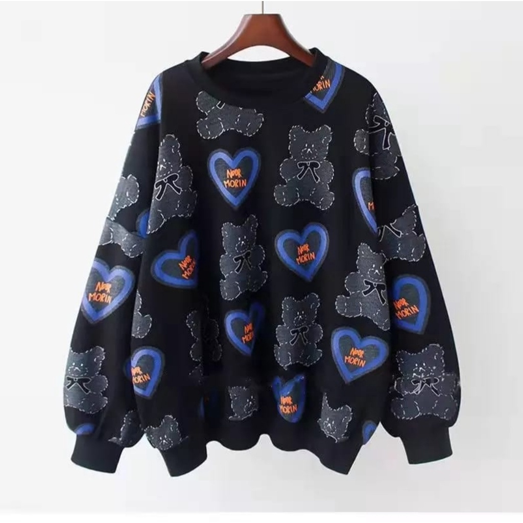 Sweater Wanita Oversize | LOVE BEAR FULL PRINT Sweater Korean Style Wanita