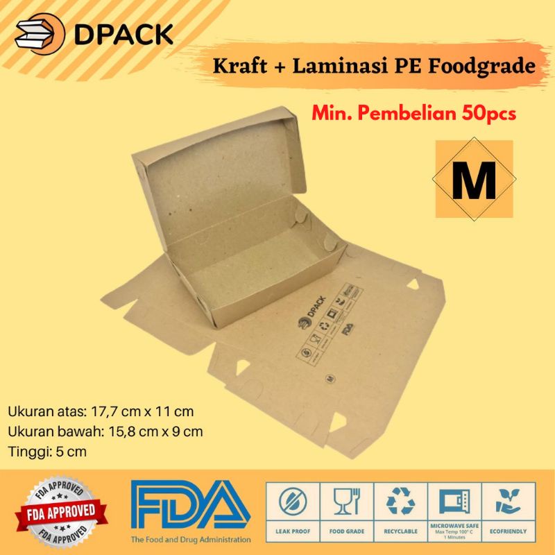 MIN.50Pcs|Lunch Box Lembaran Ukuran M | Selip| Lipat Sendiri | Kemasan Makanan ECO Kraft | Box Spage