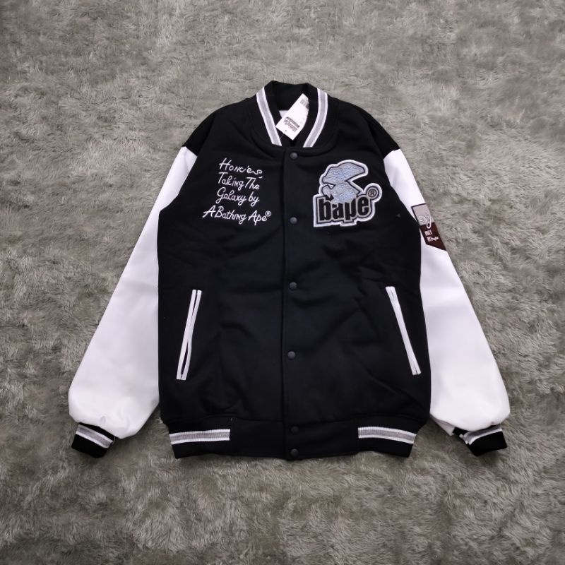 VARSITY JACKET BAPE ARCHIVE PATCH PUFFER BORDIR HITAM LENGAN KULIT AUTHENTIC FULLTAG &amp; LEBEL