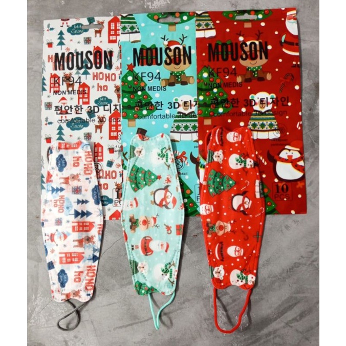 Masker KF94 3D mouson 4ply Christmas natal snowman santa claus emboss premium isi 10 merah tosca tre