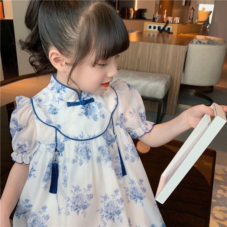 Dress Anak Perempuan Cheonsam Biru Putih Import Premium