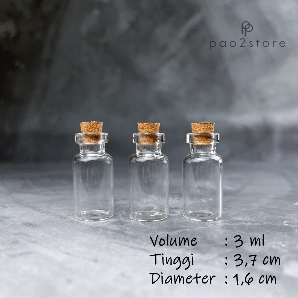 Botol Kaca Vial 3ml Cork Tutup Kayu / Gabus untuk Parfum Essential Oil Charm Souvenir / Wish Jar Mini