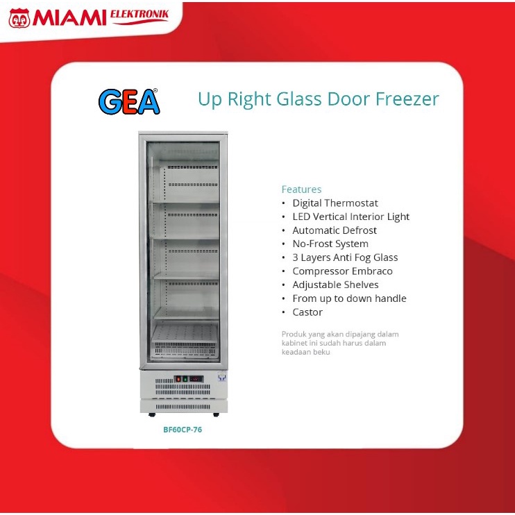 GEA BF60CP-76 Up Right Glass Door Freezer IMPROVED 500 Liter 620 Watt