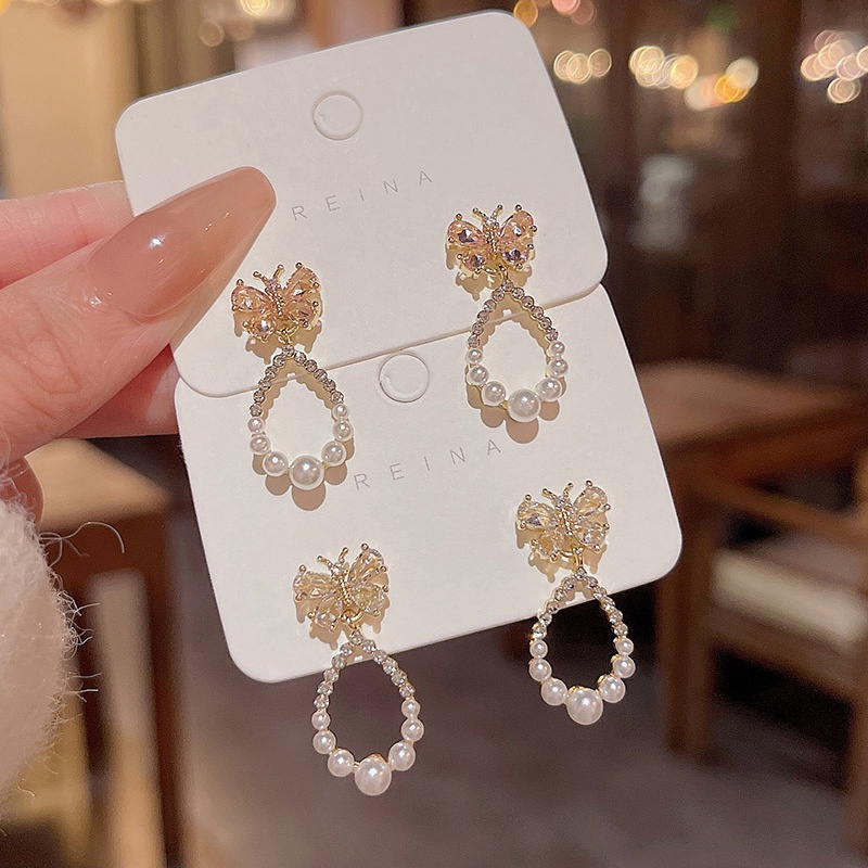 Anting Tusuk Gantung Sterling silver 925 Desain Kupu-Kupu Hias Zircon + Mutiara Untuk Wanita