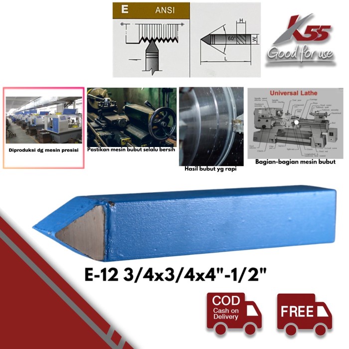 K55 Pahat Bubut Pisau Bubut Widia Holder Tipe E-12 3/4"Hx3/4"Wx4-1/2"L